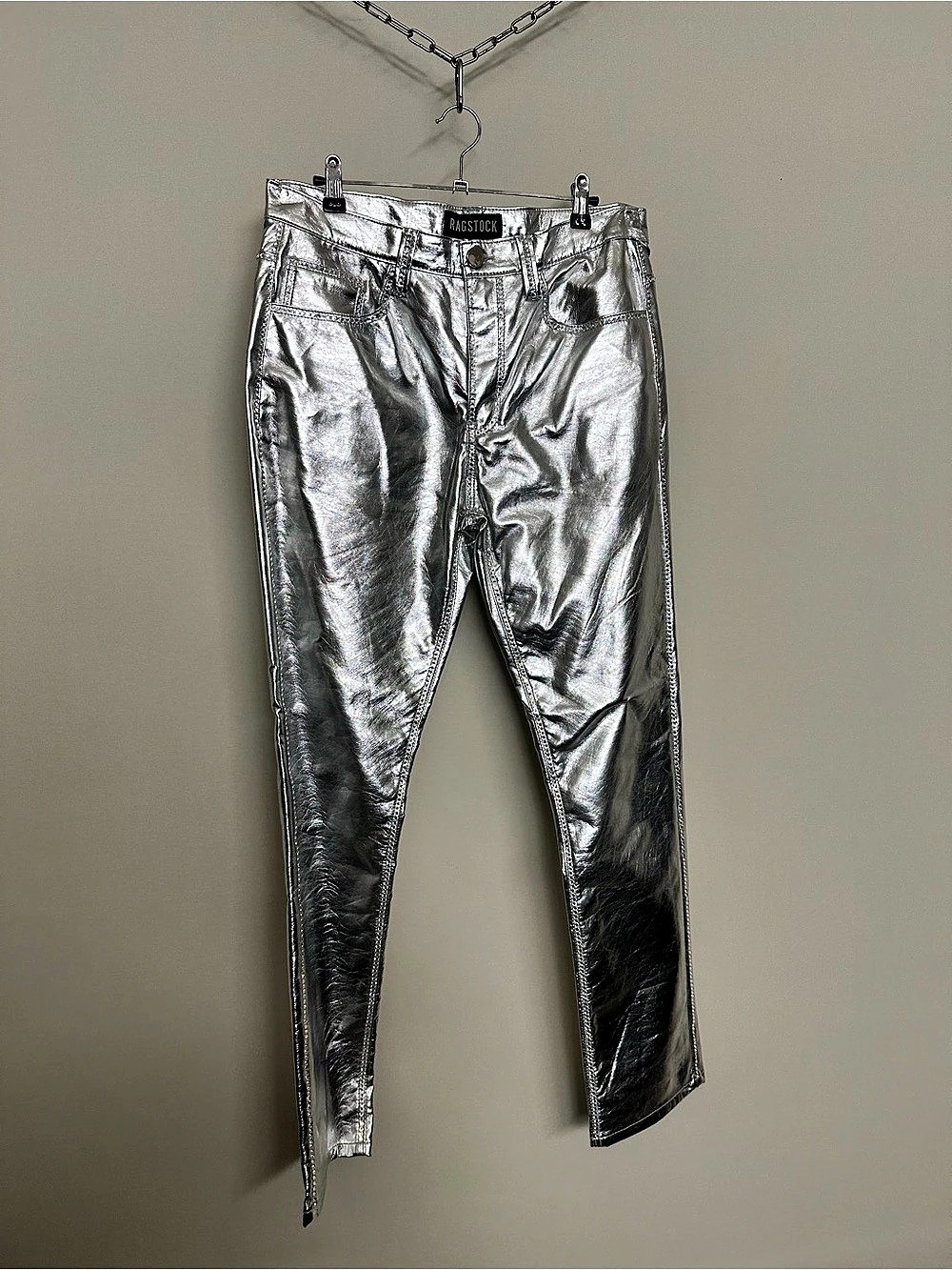 RAGSTOCK Custom Rhinestone Metallic Jeans Skinny Silver